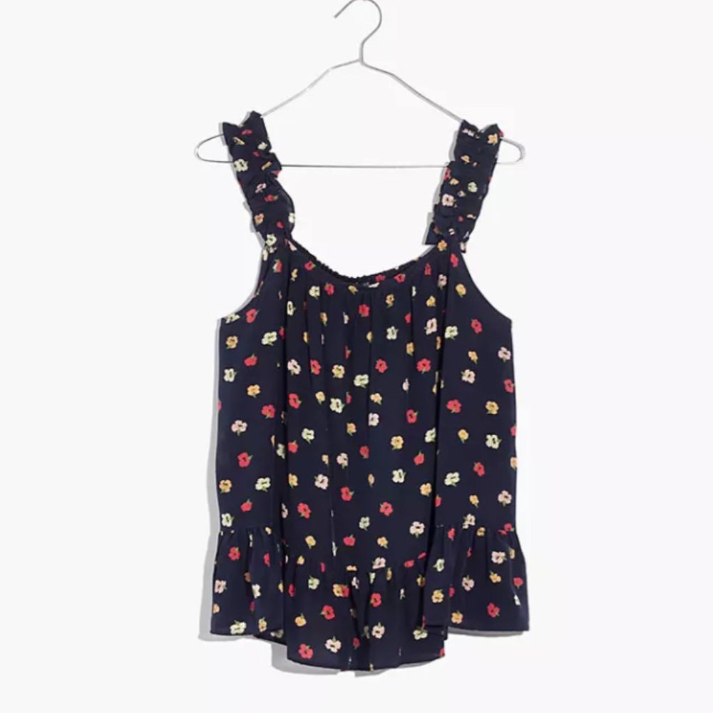 Madewell Silk Ruffle-Strap Cami Top in Navy Floral